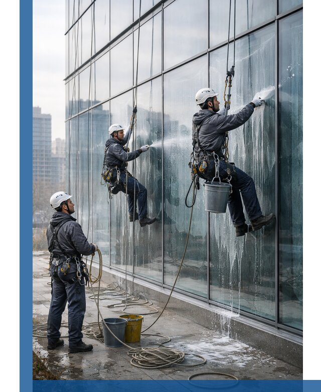 Промышленная мойка панорамных окон на высоте в Сафонове