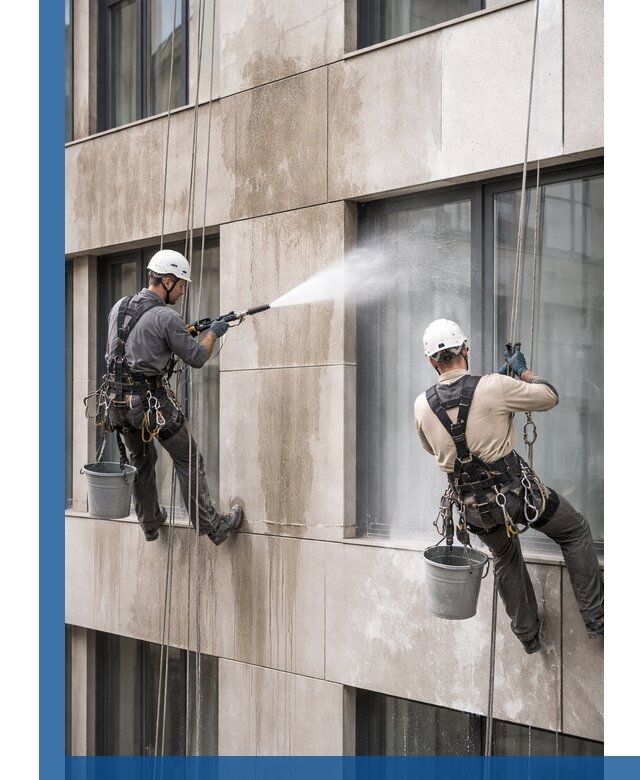 Послестроительная мойка фасада промышленным альпинизмом в Сафонове