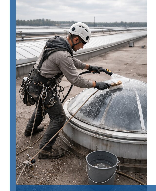 Мойка зенитных фонарей на кровле для промышленных объектов в Сафонове