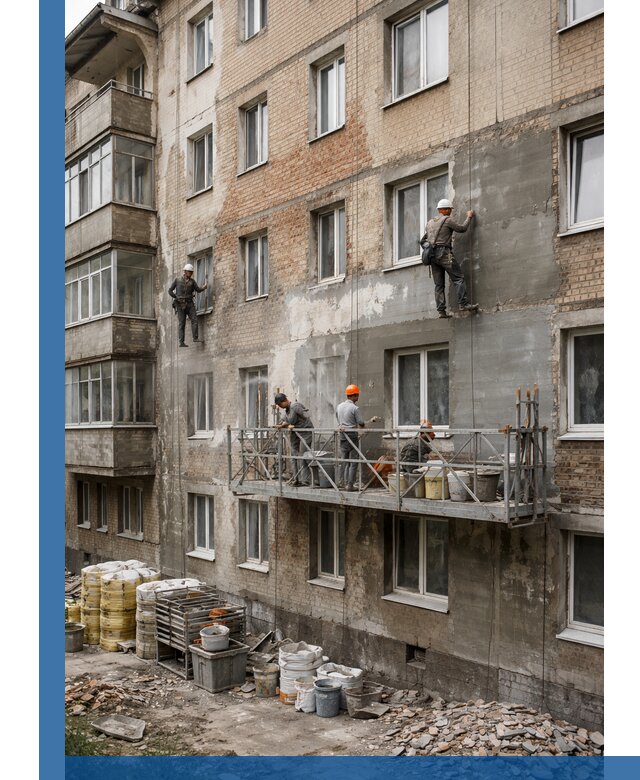 Капитальный ремонт фасада в Сафонове с восстановлением и гидроизоляцией