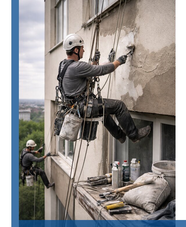 Косметический ремонт фасада зданий в Сафонове промышленными альпинистами