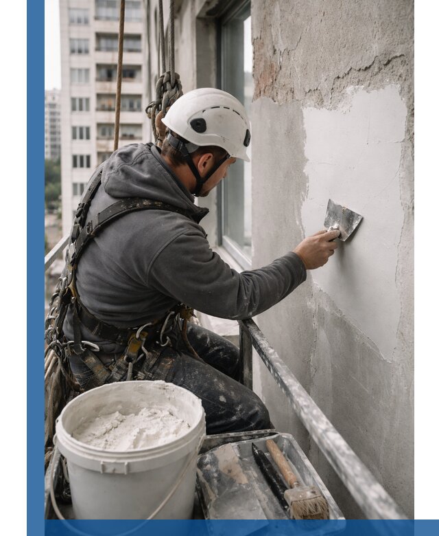 Шпаклевка фасадов на высоте с промальпинистами в Сафонове