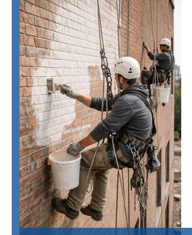 Покраска кирпичного фасада с доступным альпинистским сервисом в Сафонове
