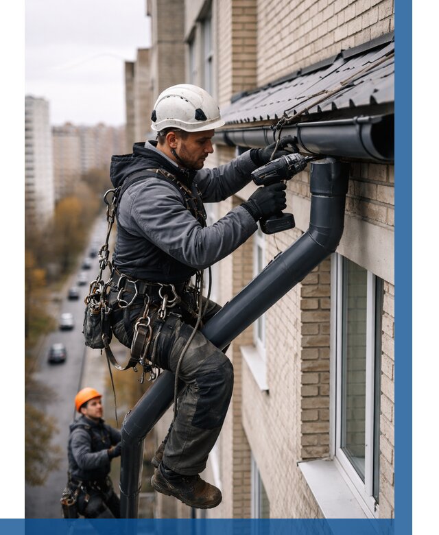 Монтаж водосточной системы на здании в Сафонове от 5124 р. | ВЫСОТНИК-Сфн