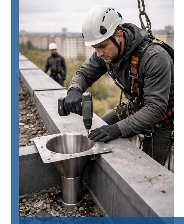 Монтаж водосточных воронок в Сафонове для промышленных зданий