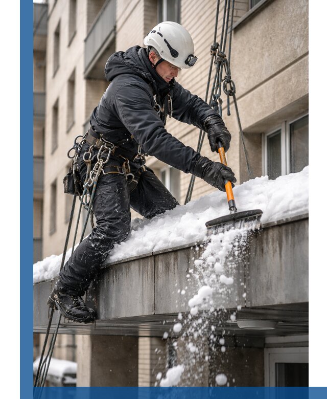 Очистка козырьков от снега в Сафонове круглогодично безопасно