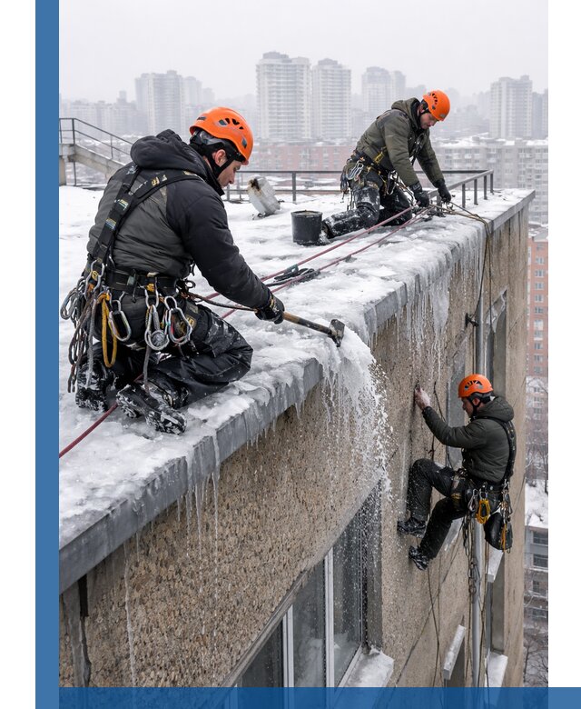 Удаление наледи с кровли в Сафонове промышленными альпинистами