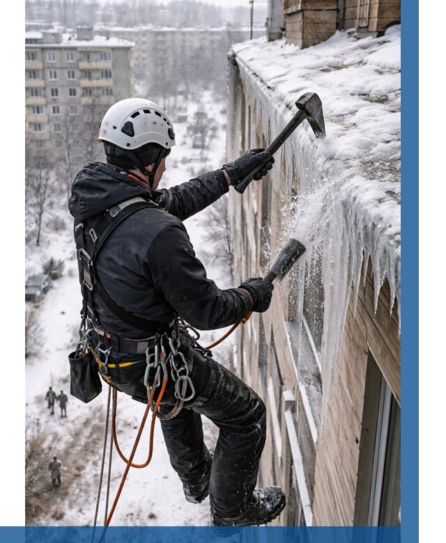 Сбивание сосулек с крыши в Сафонове по цене от 4612 р. | ВЫСОТНИК-Сфн