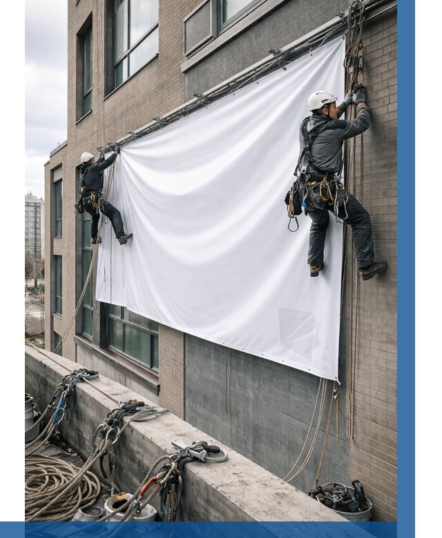 Монтаж баннеров на фасаде в Сафонове от 666 р. заказать ВЫСОТНИК-Сфн