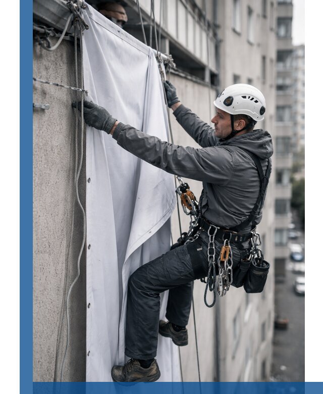 Замена баннерного полотна промышленными альпинистами в Сафонове
