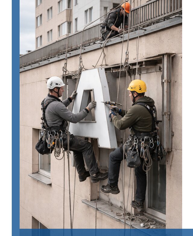 Ремонт и восстановление наружных вывесок на высоте в Сафонове