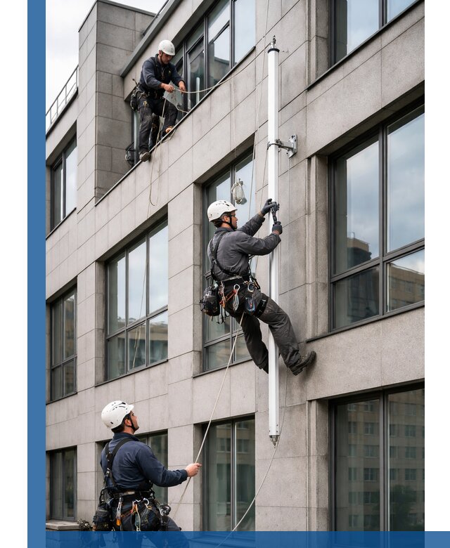 Монтаж флагштока на фасаде здания с креплением и герметикой в Сафонове