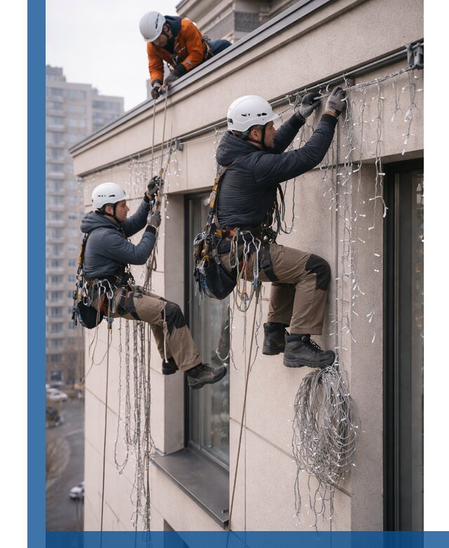 Монтаж праздничных гирлянд на фасаде в Сафонове для зданий