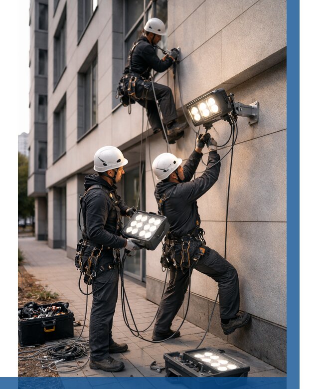 Монтаж прожекторов на фасаде в Сафонове от 7686 р. | ВЫСОТНИК-Сфн