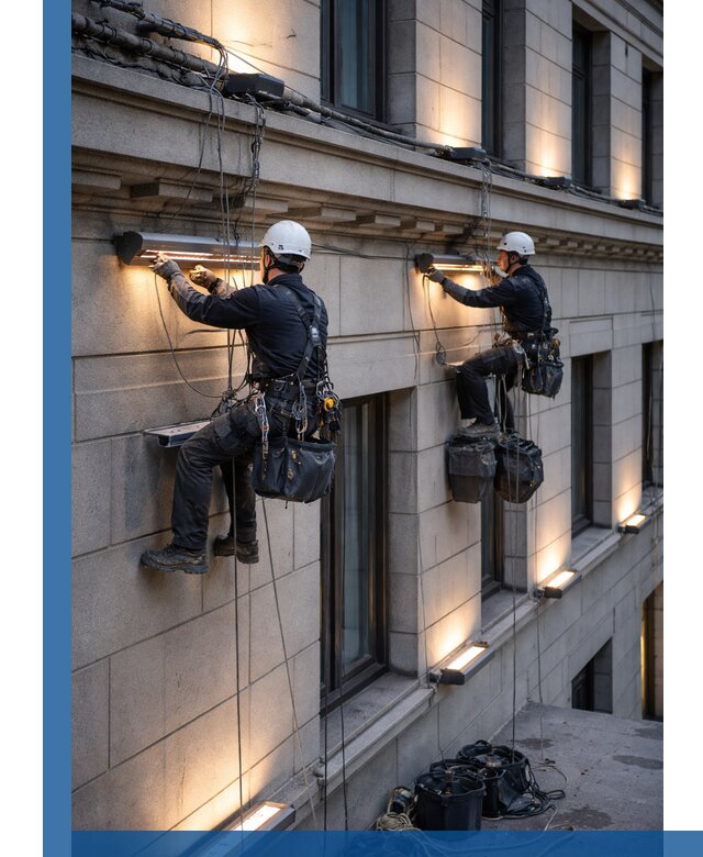 Монтаж архитектурной подсветки фасадов зданий в Сафонове