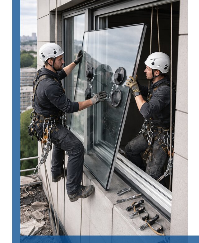 Замена стеклопакетов на высоте с промышленными альпинистами в Сафонове