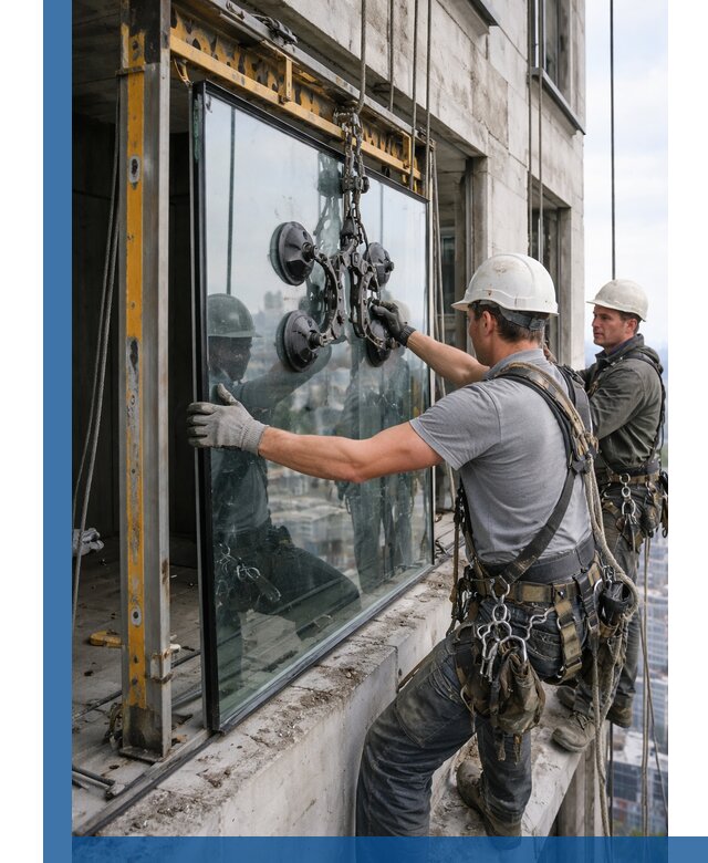 Монтаж стеклопакетов на высоте в Сафонове с промышленным альпинизмом