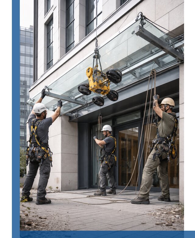 Монтаж стеклянных козырьков под ключ в Сафонове для зданий