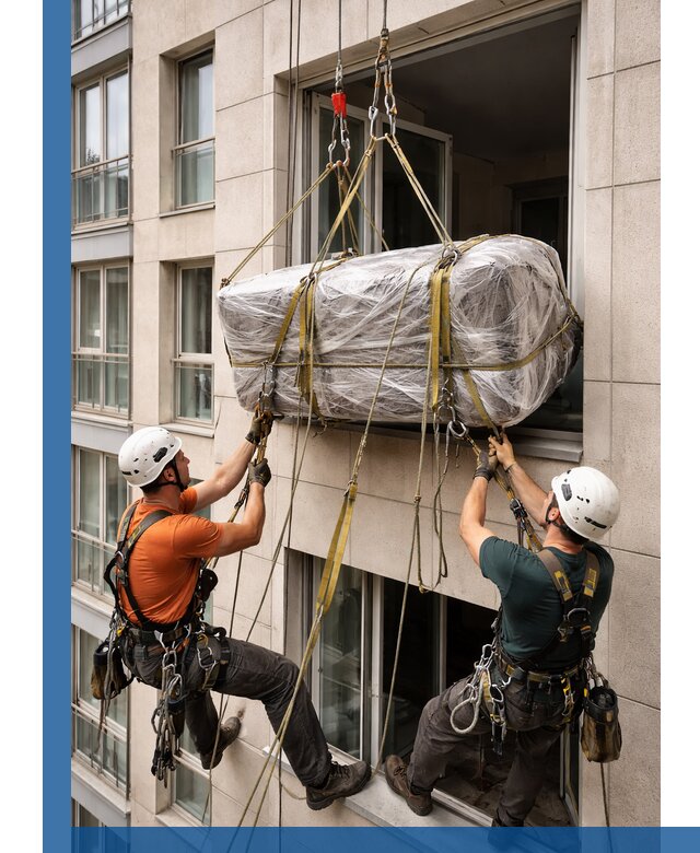 Подъем грузов через окно в Сафонове промышленными альпинистами