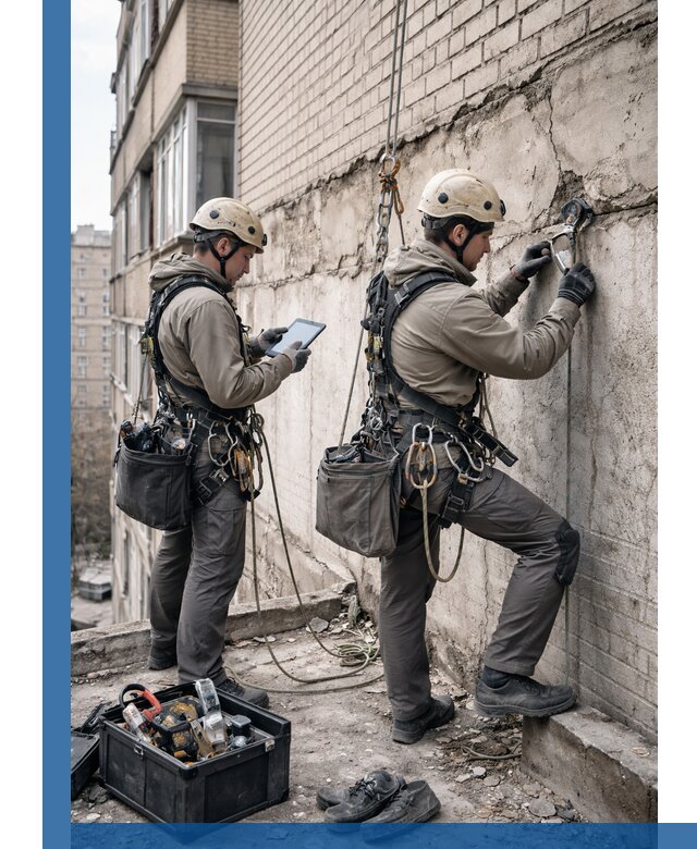 Обследование фасада промышленными альпинистами в Сафонове